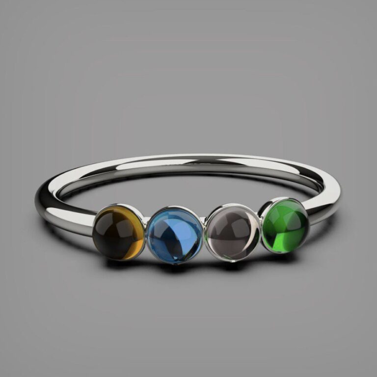 3D rendering of a silver ring with four colorful gemstones