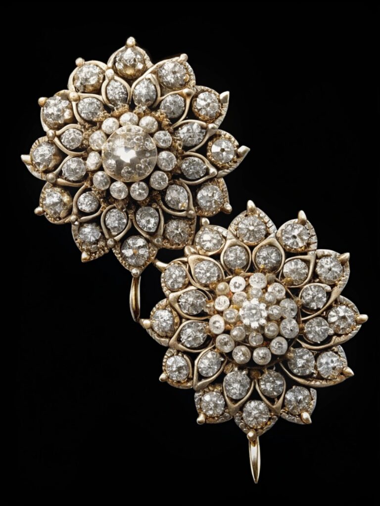 Vintage floral-style diamond earrings with a central diamond and surrounding accents, inspired by mid-19th century design