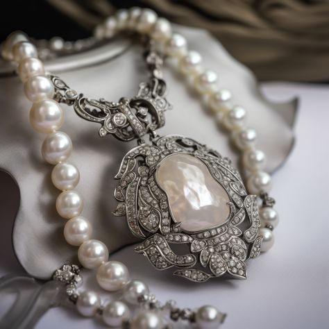 AI-designed ornate pearl necklace with a large decorative pendant featuring intricate metalwork and smaller pearls.