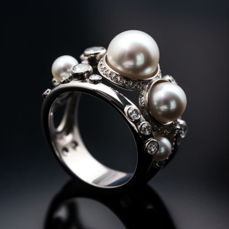 AI-designed silver ring with multiple pearls and sparkling gemstones.