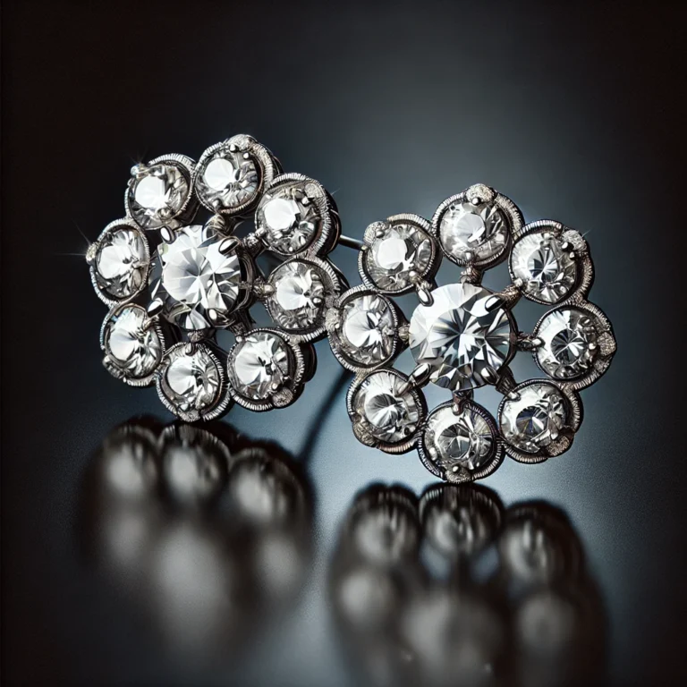 Pair of vintage-inspired diamond cluster earrings in a floral shape with round, symmetrical settings