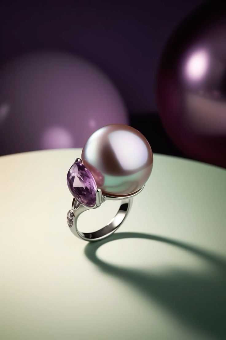 AI-designed silver ring with a large iridescent pearl and purple gemstone accent