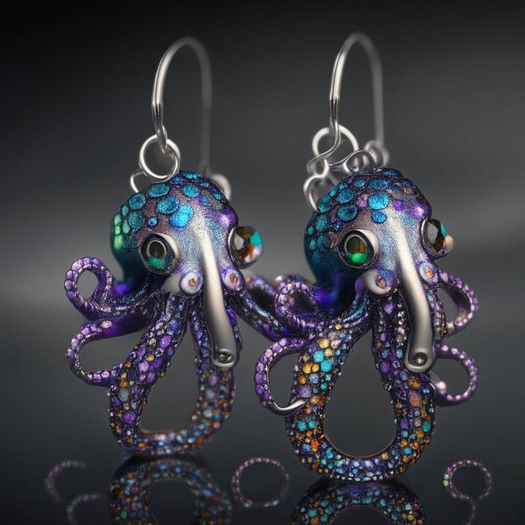 AI-designed silver octopus earrings with vibrant colors and intricate details, inspired by marine life