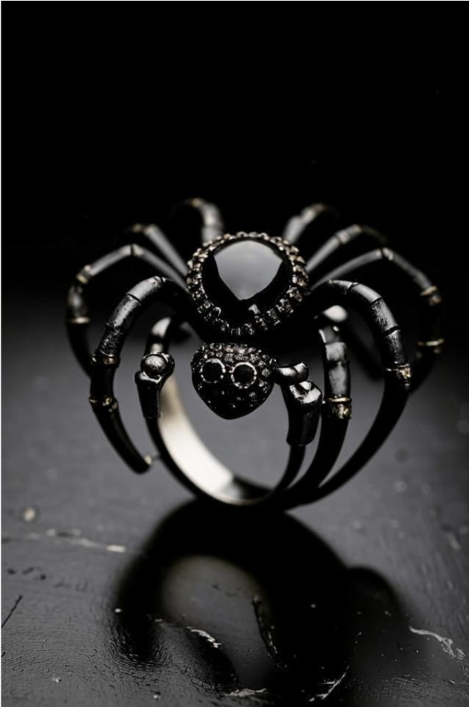 Close-up of a black spider-shaped silver ring with intricate detailing, created with AI for a Halloween-themed collection.