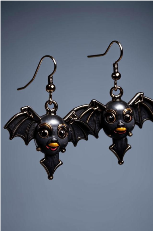 Silver bat-shaped earrings with gemstone accents.