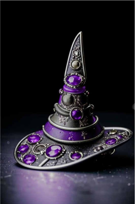 Decorative witch hat jewelry with purple gemstones, inspired by Halloween themes.