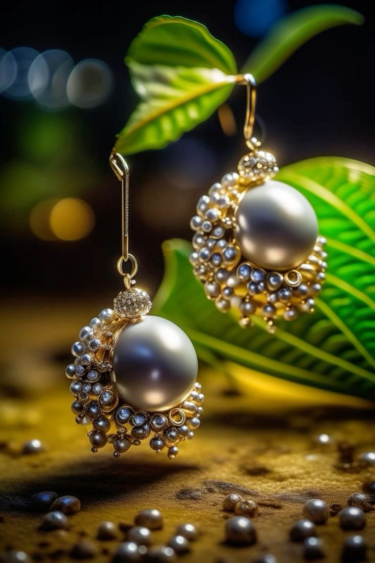 AI-designed gold earrings with large pearls and intricate beadwork details, set against a natural background