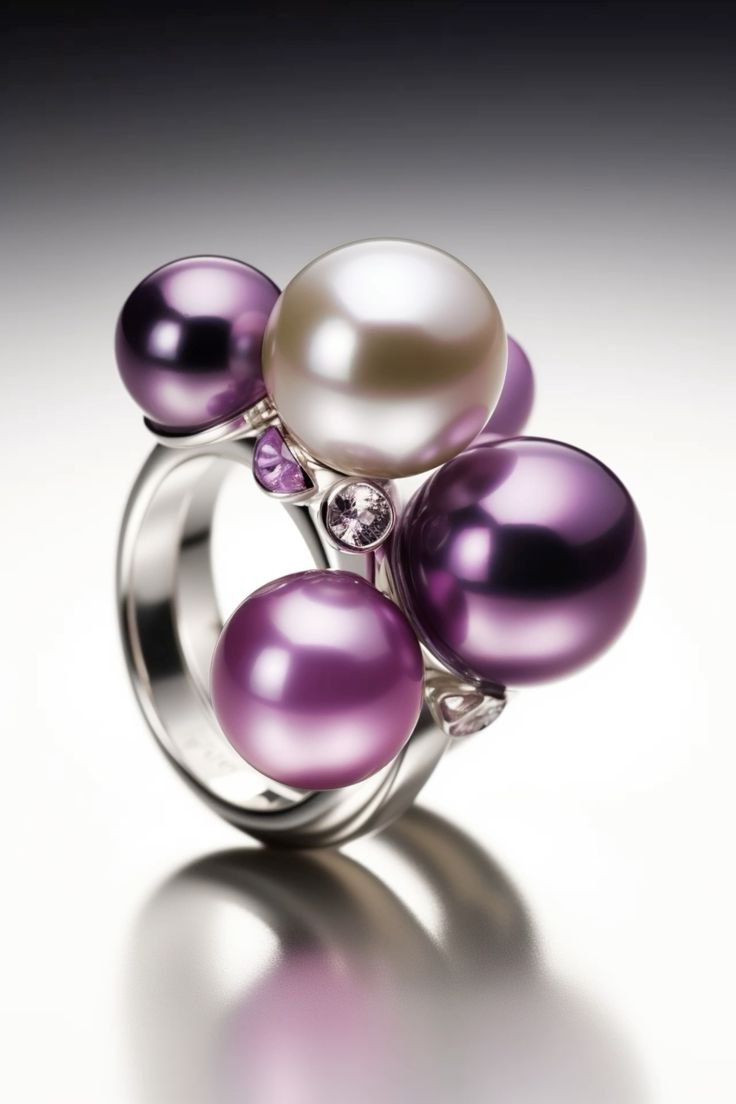 AI-designed silver ring adorned with multiple pearls in shades of purple and white, featuring smaller gemstone accents