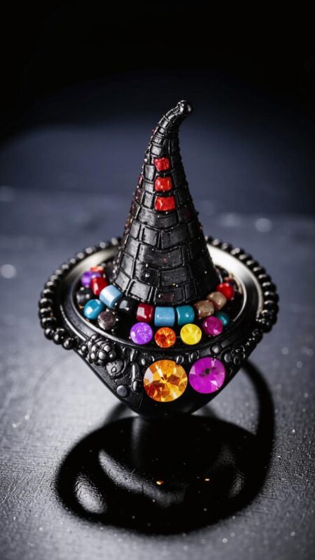 Halloween-themed witch hat ring with colorful gemstone accents on a dark background.