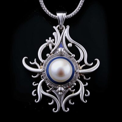 Elegant silver pendant featuring a large pearl at the center, with intricate swirling designs and gemstone accents