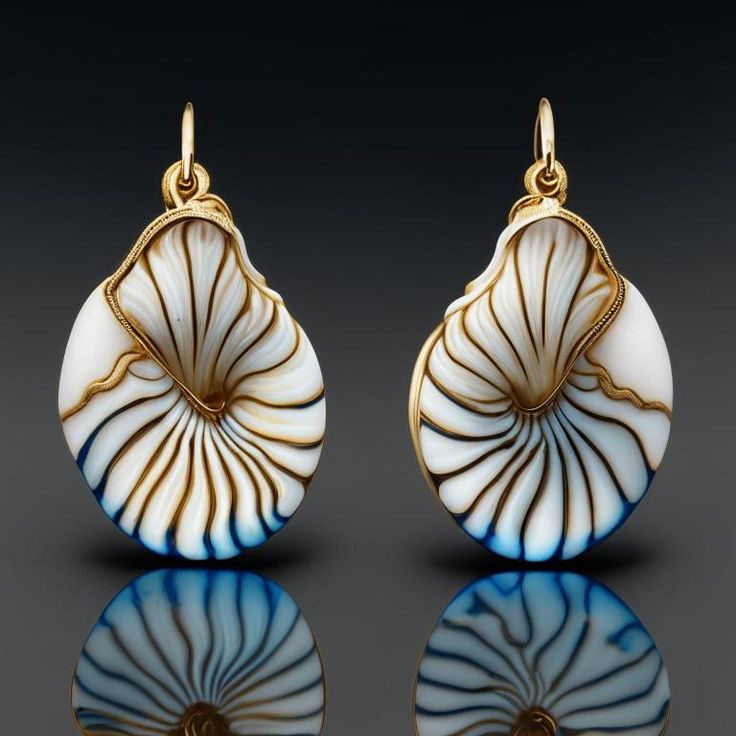 Elegant AI-designed shell earrings with gold and blue accents, inspired by natural marine patterns