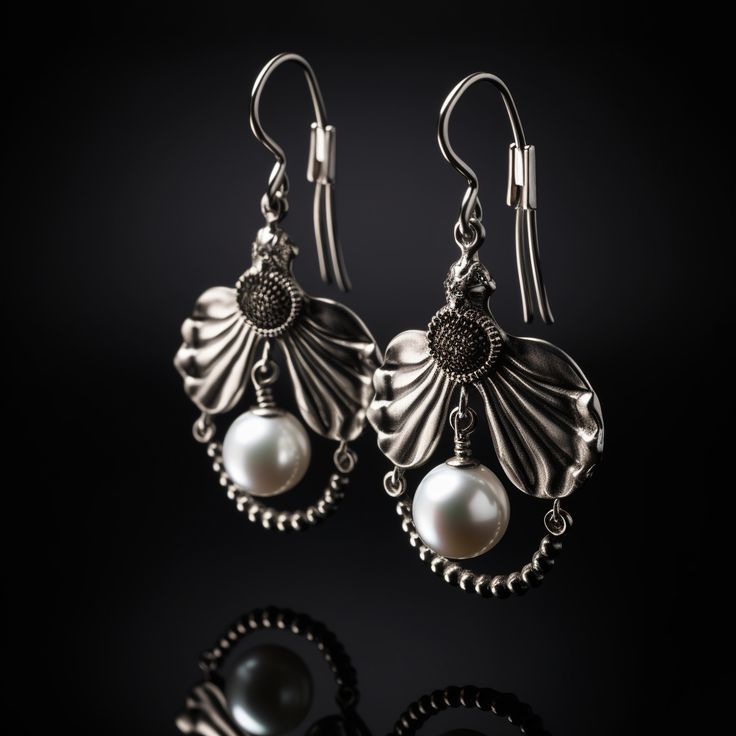 Elegant silver earrings with intricate shell design and hanging pearls, set against a dark background