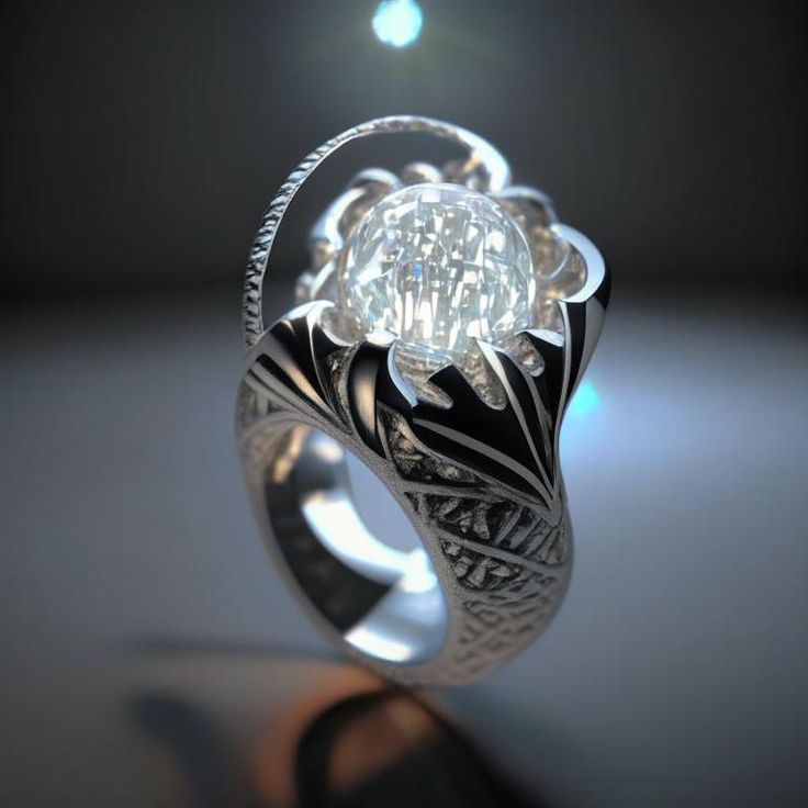 Intricate silver ring with a luminous crystal centerpiece, designed by AI, featuring elegant engravings and modern aesthetics