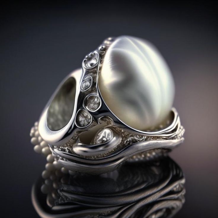 AI-designed silver ring featuring a large pearl with intricate wave-like details and smaller gemstones.