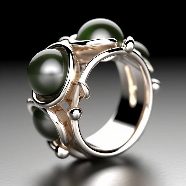 Modern silver ring with large dark green pearls embedded in a sleek, sculptural design, set against a reflective background