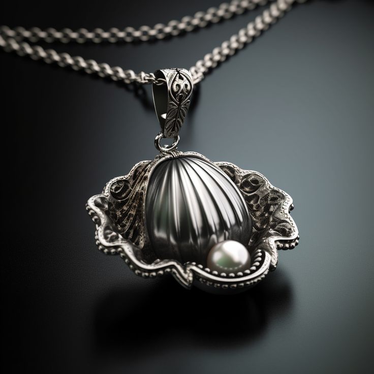 AI-designed silver necklace with an ornate shell pendant and a single pearl