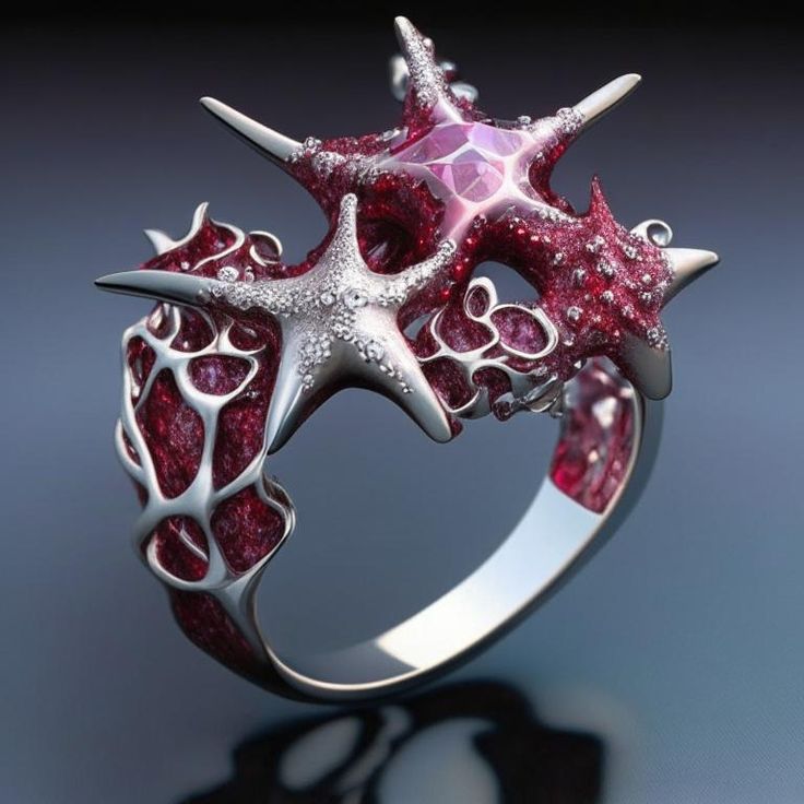 AI-designed fantasy ring with starfish motifs, featuring a silver structure and red coral-like details